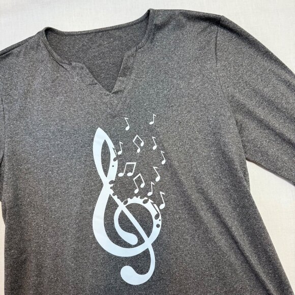Treble Clef Music Note Top Size L Charcoal Gray Musiccore Graphic Tee 3/4 Sleeve - Picture 3 of 11